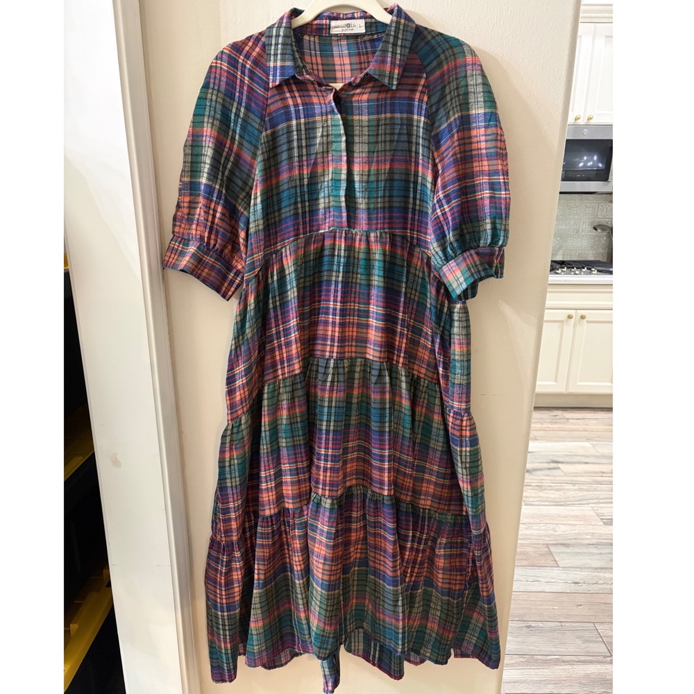 Natural Life Rebecca Plaid Flannel Tiered Midi Dress Large Pockets Boho